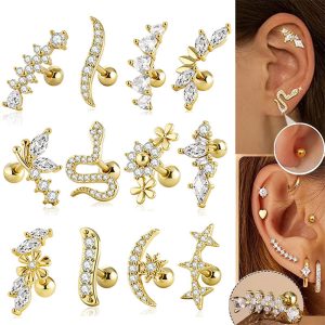 Moon and Plum Blossom Threaded Ear Bone Stud, Stainless Steel and Copper Zircon-Inlaid, Silver, New Arrival