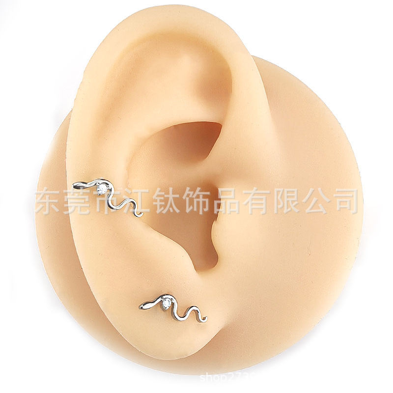 Gold Snake-Shaped Ear Bone Nail with CZ Stone G23 Titanium Alloy Body Piercing Earring - Image 2