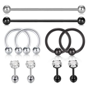 10 Piece Piercing Jewelry Set - Stainless Steel Nose Ring, Eyebrow Barbell, Lip Labret, Industrial Ear Studs - Geometric Style