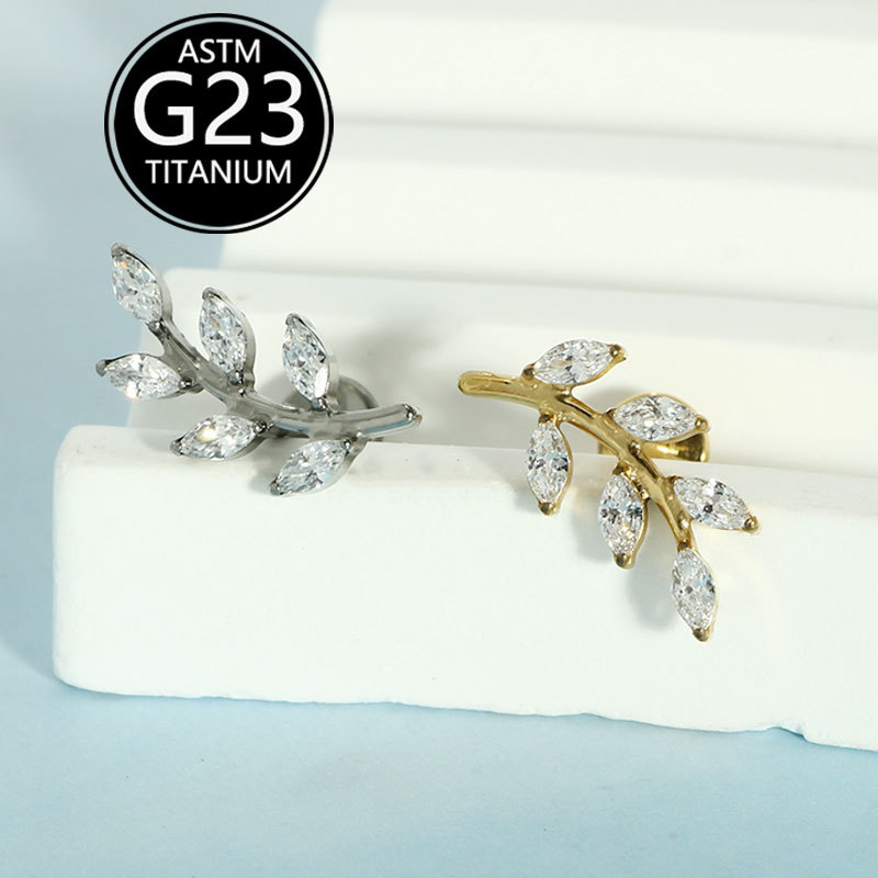 2025 New ASTm F-136 Titanium Alloy Full Diamond Leaf Lip Nail Ear Bone Nail Cross-Border Earrings Piercing Jewelry - Image 4