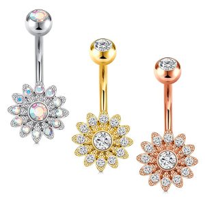 Sunflower CZ Diamond Belly Button Ring 316L Surgical Steel Dangle Belly Ring for Women