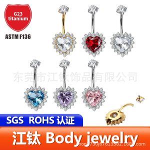 Heart-Shaped Navel Ring G23 Titanium Alloy with 5A Zircon Belly Button Jewelry Gold 1.6x10mm