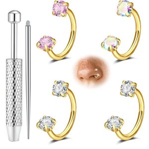 20G Double Zircon C-Bar Nose Ring Stainless Steel Versatile Ear Cartilage Hoop Body Piercing Jewelry 4-Piece Set