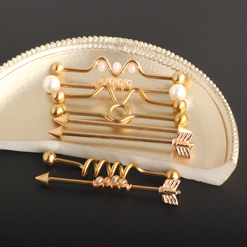 Nine Treasure Gold Industrial Barbell Earrings Set - Stainless Steel Double Ear Holes Bridge Ear Stud for Cartilage Piercing - Image 3