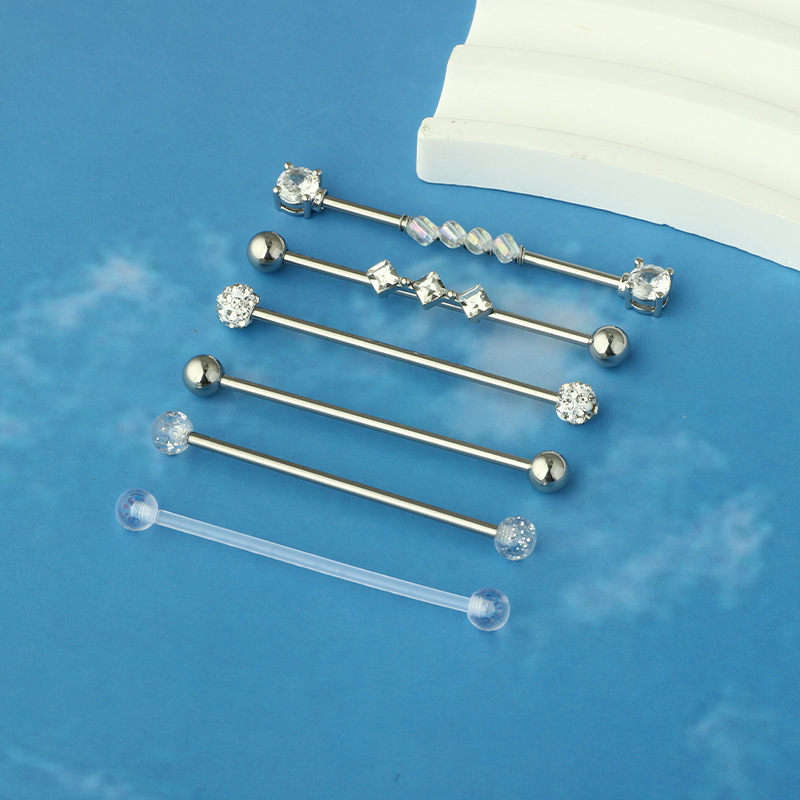 316L Surgical Steel Stainless Steel Square Industrial Earring Straight Rod Zircon Flower Long Rod Ear Bridge Nail, Cartilage Piercing Jewelry - Image 2
