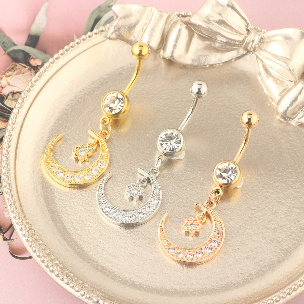 Gold Toad Moon Navel Ring Round Inlaid Zircon Belly Button Ring Body Jewelry - Image 3