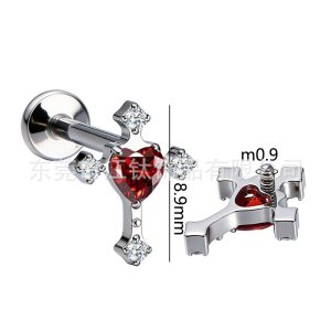 G23 Titanium Alloy Heart Cross Cartilage Ear Stud - Gold with White Zircon