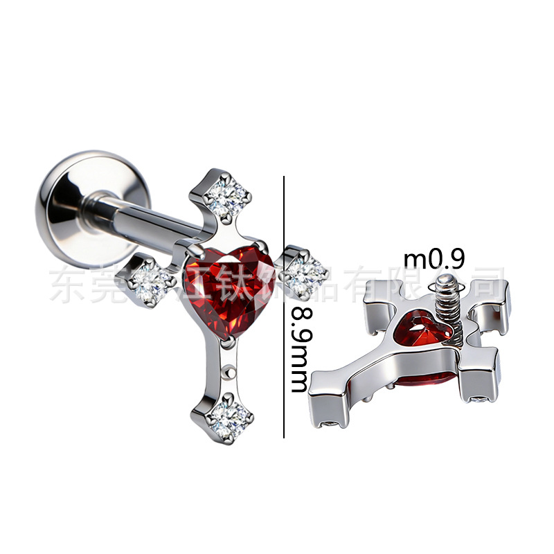 G23 Titanium Alloy Heart Cross Cartilage Ear Stud - Gold with White Zircon - Image 2