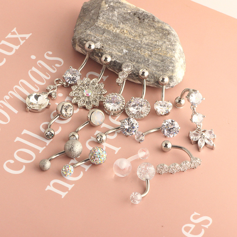 Cross-border Hot New Zircon Navel Ring Stainless Steel Double-Headed Heart-Shaped Diamond-Embedded Belly Button Piercing Jewelry 15 Pieces - Image 3