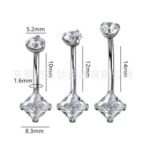 G23 Titanium Alloy Square Zircon Navel Piercing Ring - 14G 1.6mm Bar, Gold Polished Belly Button Jewelry