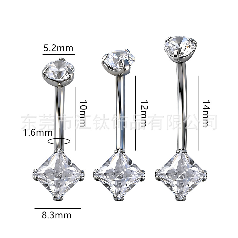 G23 Titanium Alloy Square Zircon Navel Piercing Ring - 14G 1.6mm Bar, Gold Polished Belly Button Jewelry - Image 2