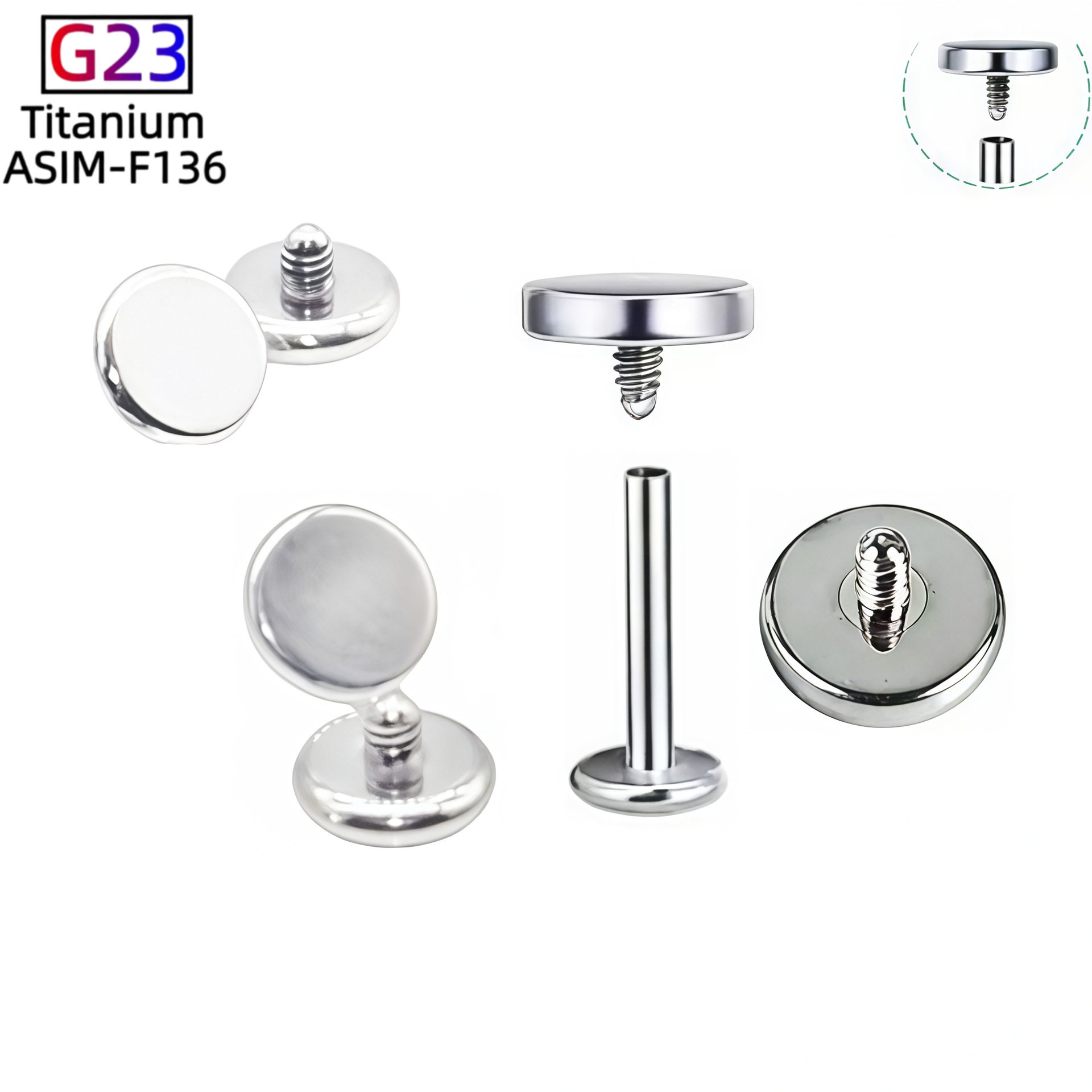 Titanium Alloy Round Disc External Thread Ear Studs Lip Studs 5mm x 1.2mm Body Piercing Jewelry Wholesale - Image 2