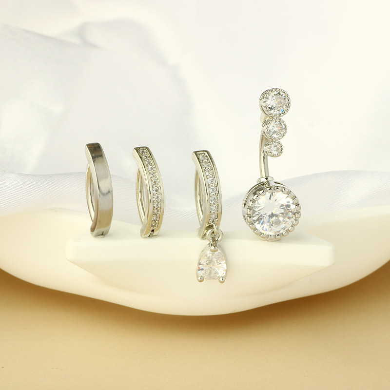 Silver Stainless Steel Belly Button Ring with Zircon Geometric Navel Piercing Jewelry Set Natural Style Unisex - Image 3