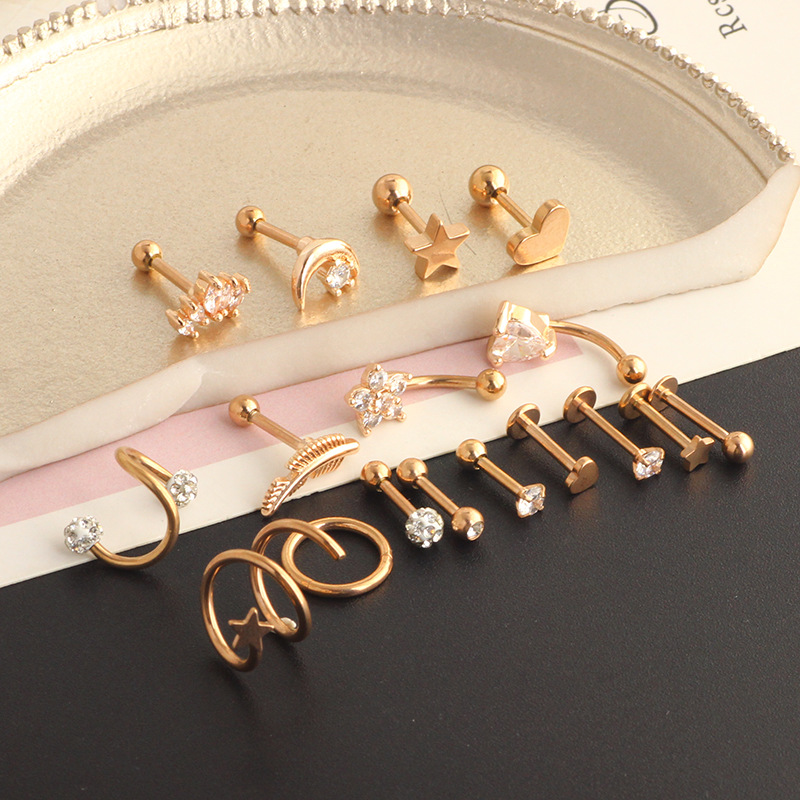 17pcs Stainless Steel 16G Ear Piercing Set: Love Earrings, Ear Clip, Ear Nail, Cartilage Studs - Image 5