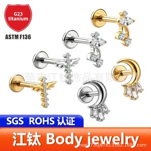 JT1118 G23 Titanium Alloy Cross Moon Lip Stud Ear Bone Stud Body Piercing Jewelry