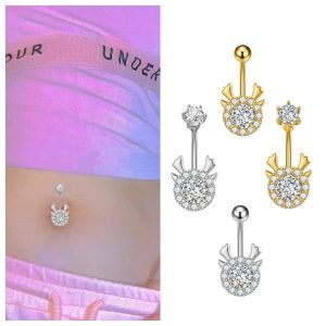 Deer Antler Navel Ring - Stainless Steel CZ Belly Button Jewelry for Women