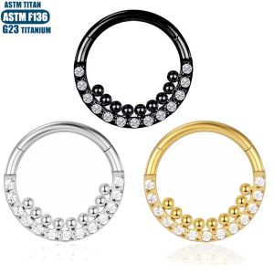 F136 Titanium Alloy Nose Ring Earrings with Zircon Inlaid Beads, Hinged Piercing Nose Ring, Septum Ring with Diamonds