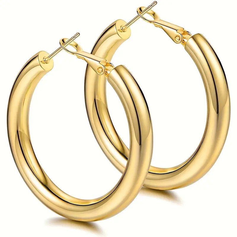 18K Gold Plated Thick Hoop Earrings for Women Men - 40mm Large Circle Earrings Stainless Steel Versatile Fashion Jewelry - Image 2