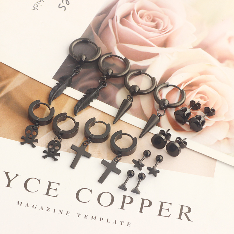 17 Pieces Set Men Stud Earrings Stainless Steel Pierced Earrings Set Black Silver Cross Earrings - Image 5