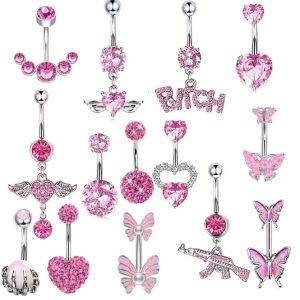 Stainless Steel Heart Zircon Butterfly Navel Ring - Pink Series Belly Button Piercing Jewelry