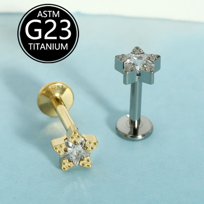 F136 Titanium Alloy Sweet Five-Pointed Star Inlaid Zircon Earrings Mini Star Ear Bone Nails Lip Nails Body Piercing Jewelry - Image 3