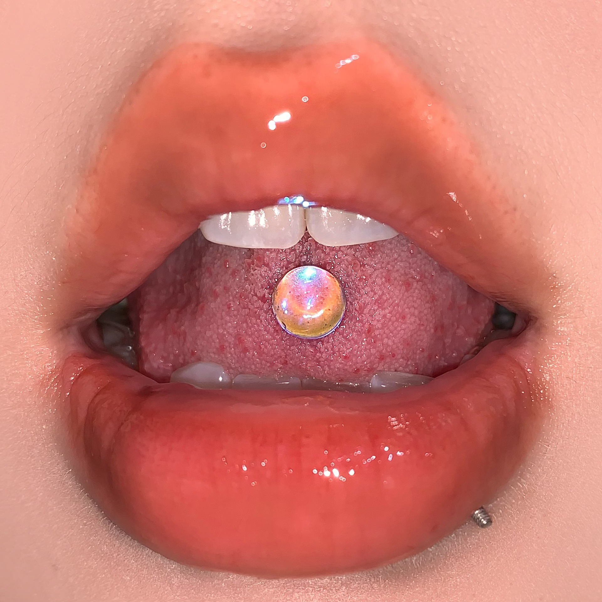 Polarized Moonstone Oval Titanium Steel External Thread Tongue Ring Barbell - European American Sexy Style Body Piercing Jewelry - Image 3