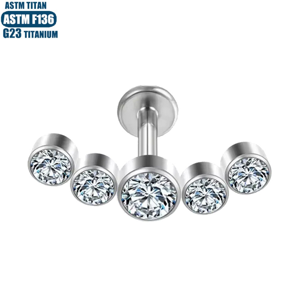 F136 Titanium Lip Ring with CZ Inner Thread Diaphragm Earring Piercing Jewelry Silver 1.2x10mm - Image 2