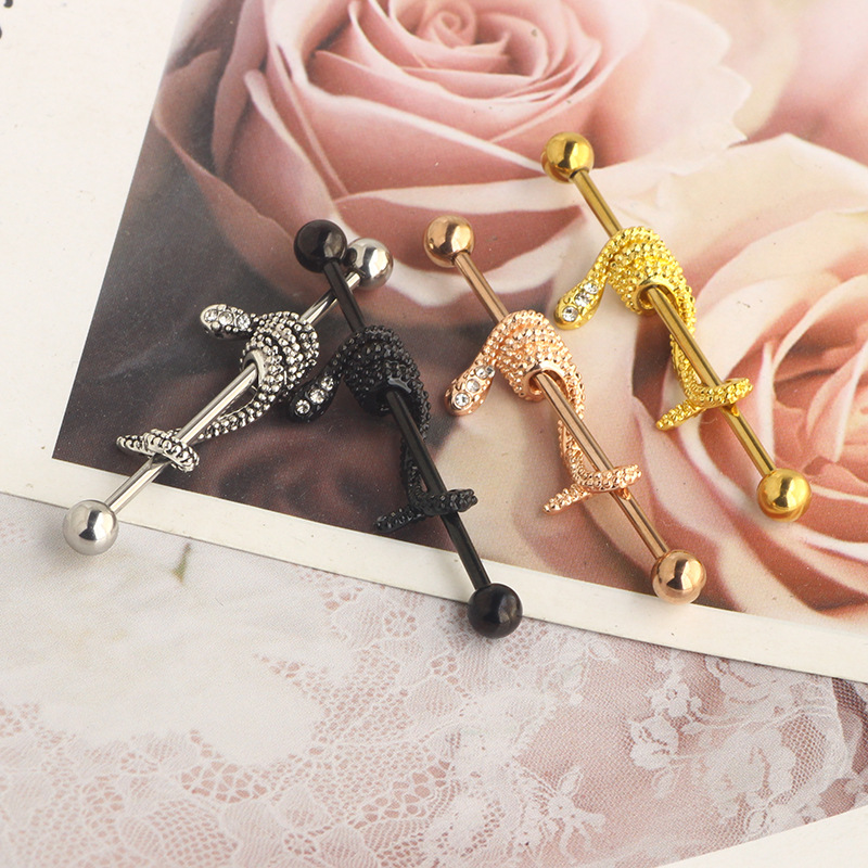 14G Snake Industrial Barbell Earrings Star Rose Gold with CZ Double Ear Hole Bridge Earring Piercing Jewelry 38mm - Image 4
