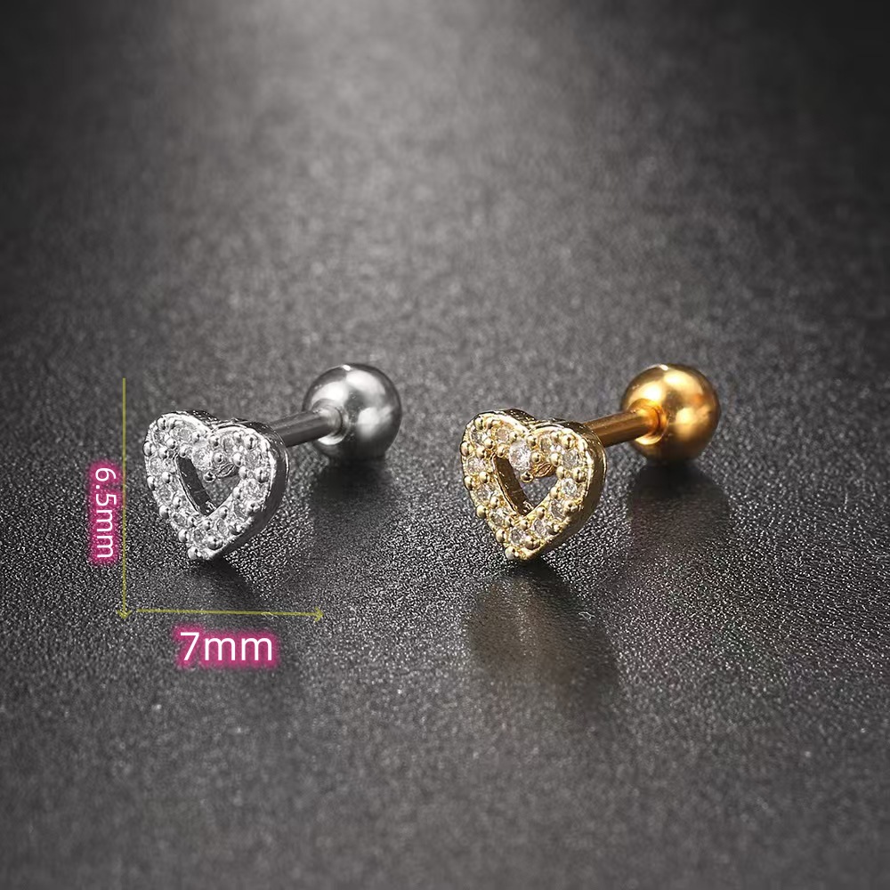 18K Gold Heart-Shaped Zircon Cartilage Ear Stud Stainless Steel Screw Ball Earring for Women - Image 3