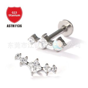 G23 Titanium Alloy Opal Square Cross Body Piercing Ear Stud - Gold/B9 Square Threaded