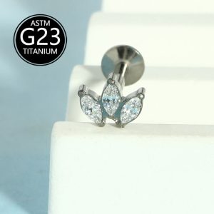 G23 Titanium Lip Labret Stud Zircon Ear Cartilage Stud Three-Leaf Inlaid Zircon Piercing Jewelry
