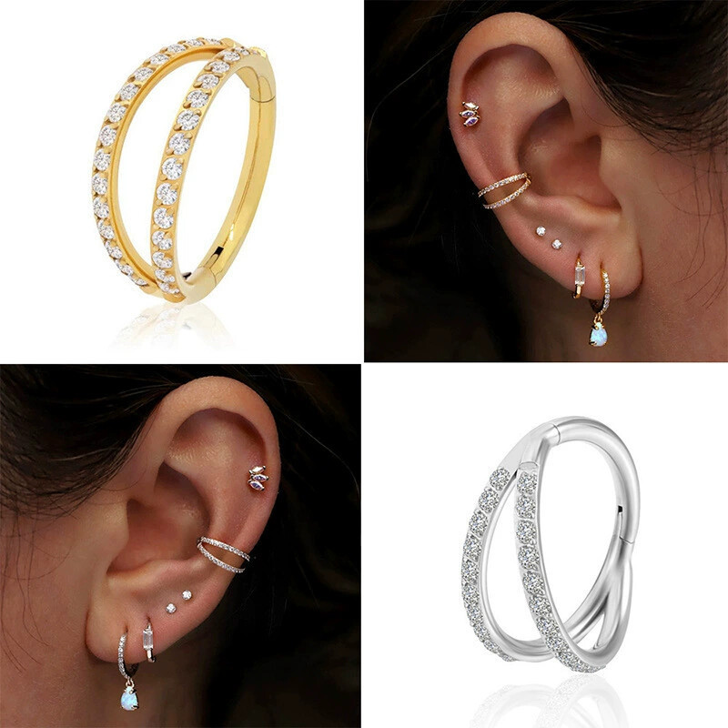 Geometric Double-layer Diamond-encrusted Titanium Steel Earrings Fashion Japanese Korean Niche Advanced Sense Piercing Earrings - Image 2