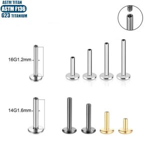 F136 Titanium Alloy Lip Stud Rod Flat Base 16g Ear Stud Replacement Rod Jewelry Rod Internal Thread Round Base Piercing Jewelry