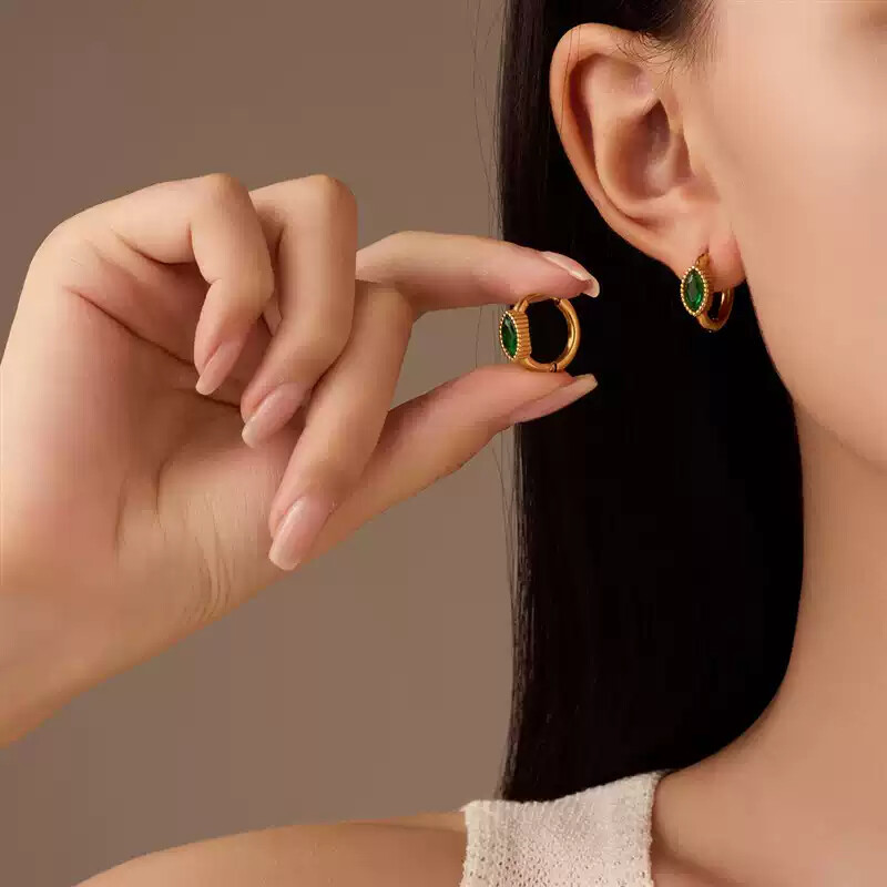 European American Geometric Zircon Inlaid Stud Earrings Stainless Steel 18k Plated Women - Image 2