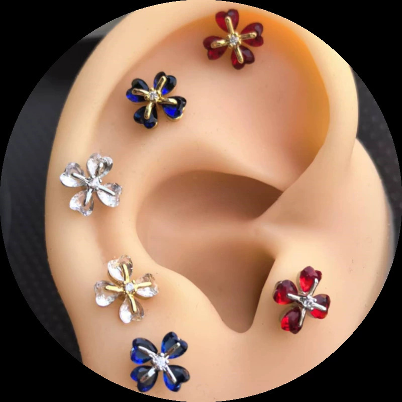 18K Gold Plated Four-Leaf Clover Colorful Ear Piercing Earrings Cartilage Stud Micro-Setting Soft Ear Bone Jewelry - Image 5