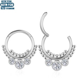 F136 Titanium Nose Ring Seamless Open Ring Hinge Clicker with Zircon Beads Cluster Nasal Septum Piercing Jewelry