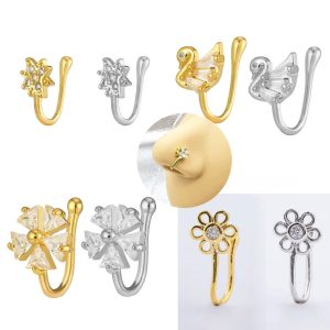 Non-Piercing U-Shaped Nose Ring - CZ Little Swan Nose Clip Nail, Gold 18K, Copper, Nose Clasp