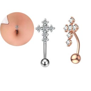 Gold Tone Belly Button Ring with Zircon Cross Design - Fashion Navel Piercing Jewelry