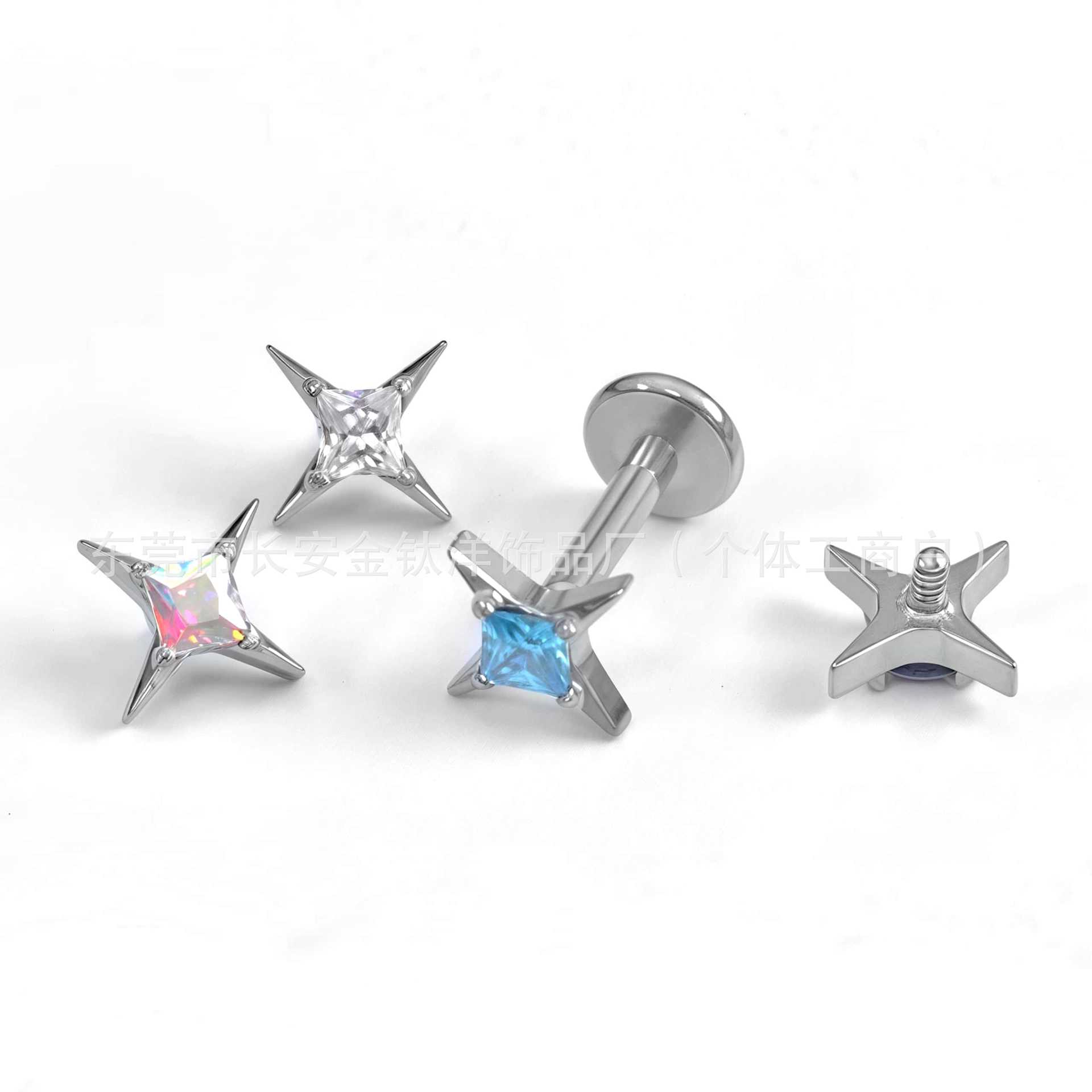 F136 Titanium Square Zirconium Four-Pointed Star Zircon Lip Nose Ear Bone Nail G23 Titanium Alloy Body Piercing Jewelry - Image 3
