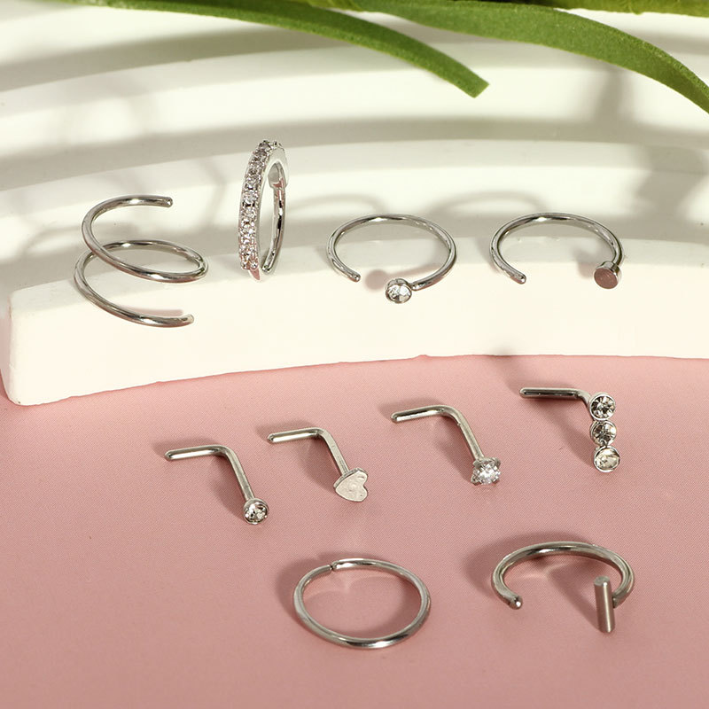10-Piece Stainless Steel Nose Stud Set with L-Bar and Heart-Shaped Zircon, Bulk Nose Piercing Jewelry for Women Men - Image 3