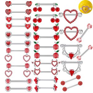 2 Pieces Stainless Steel Red Zircon Nipple Rings Creative Heart Flower Diamond-Studded Nipple Piercing Jewelry