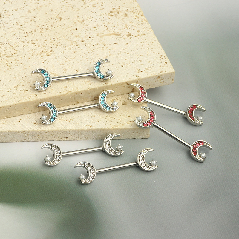 Blue Chrysanthemum Star Moon Nipple Ring Stainless Steel Symmetrical Piercing Jewelry for Women - Image 4