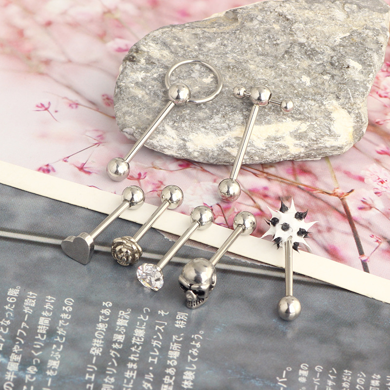 7-Piece Stainless Steel Ghost Head Star Tongue Ring Set - Rose Gold Tongue Nail Piercing Jewelry - Image 3