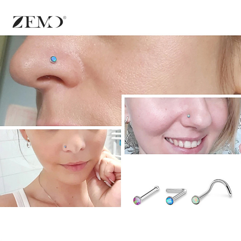 Cross-Border Hot-Selling Personalized Opal Nose Nail Stud 316L Stainless Steel Straight Nose Piercing Jewelry - Image 2