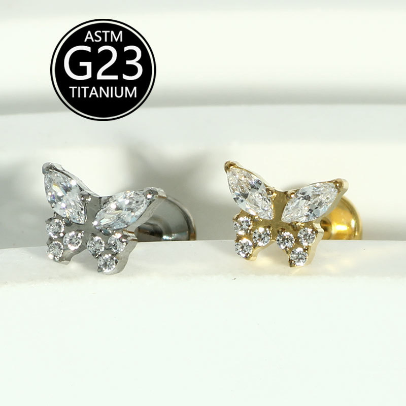 G23 Titanium Diamond Butterfly CZ Lip Labret Stud Implant Grade Body Piercing Jewelry - Image 3