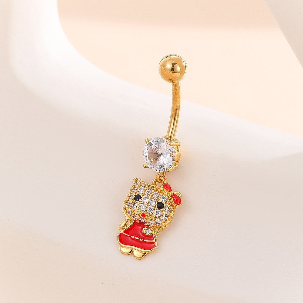 2025 Spring Cute Pink Kitty Cat Cartoon Navel Ring Copper Gold Plated Belly Jewelry - Image 3