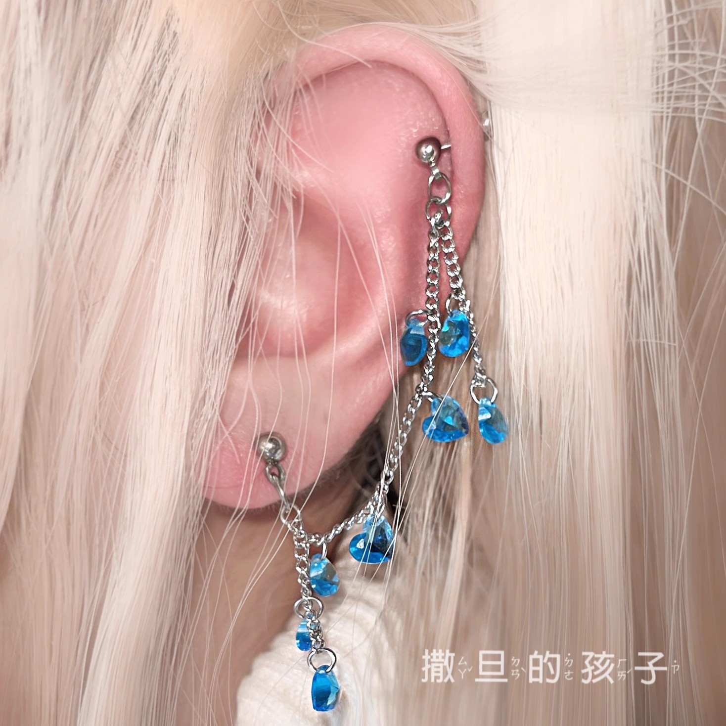 Love Heart Zircon Chain Double Ear Bone Earrings Titanium Steel Sweet Cool Style Earrings - Image 3