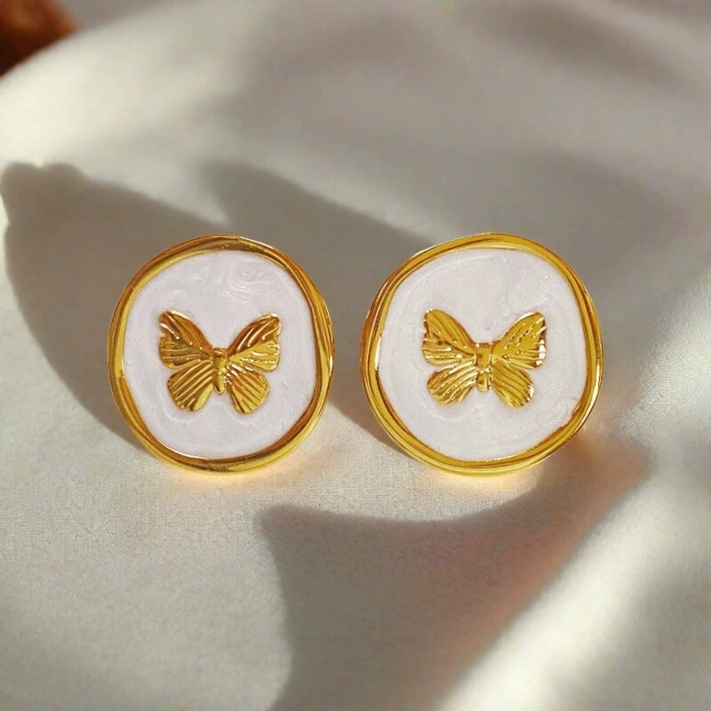 New Retro French Enamel Round Drop Oil Butterfly Earrings Simple Exquisite Fashion Niche High-End Earrings for Women - Image 2