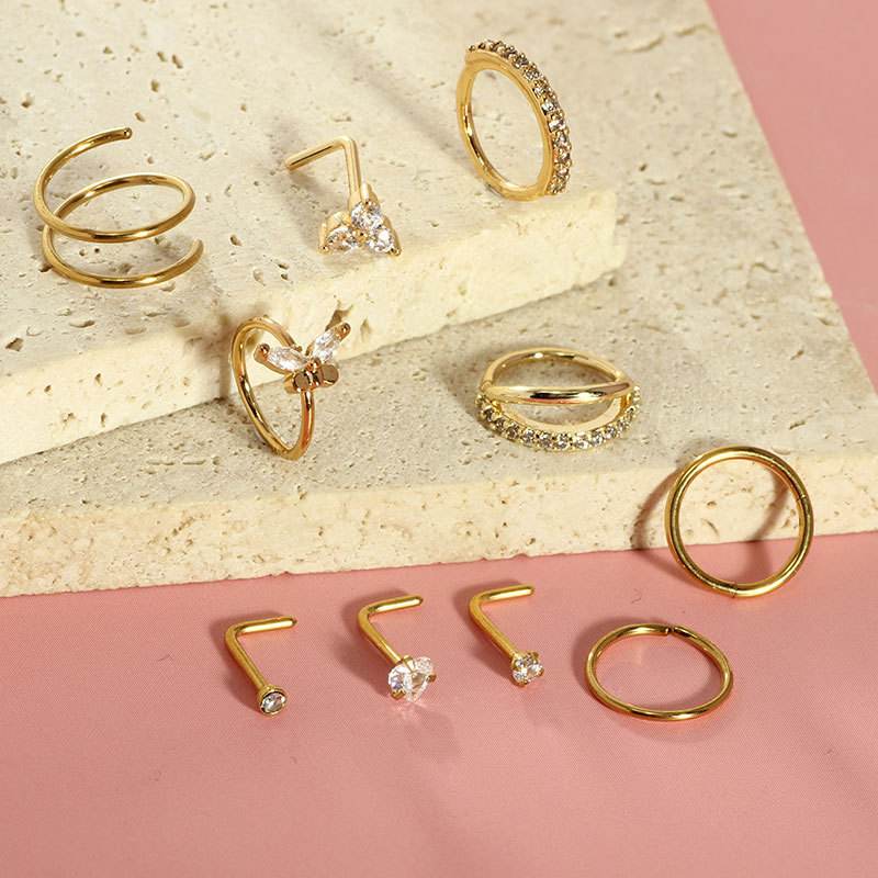 10-Piece Set Stainless Steel Nose Rings with CZ Gems Butterfly Nose Studs Nose Piercing Jewelry Gold Tone - Image 2