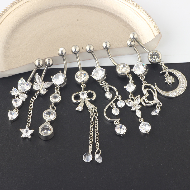 8-Piece Set Zircon Belly Button Ring Suit Navel Ring Body Piercing Jewelry Silver Stainless Steel - Image 2